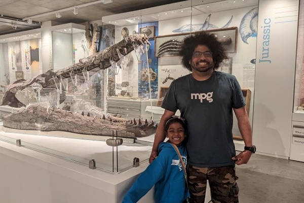Abigail Thirunesan and her father at the Dinosaur Sleepover in Dorset Museum, Dorchester